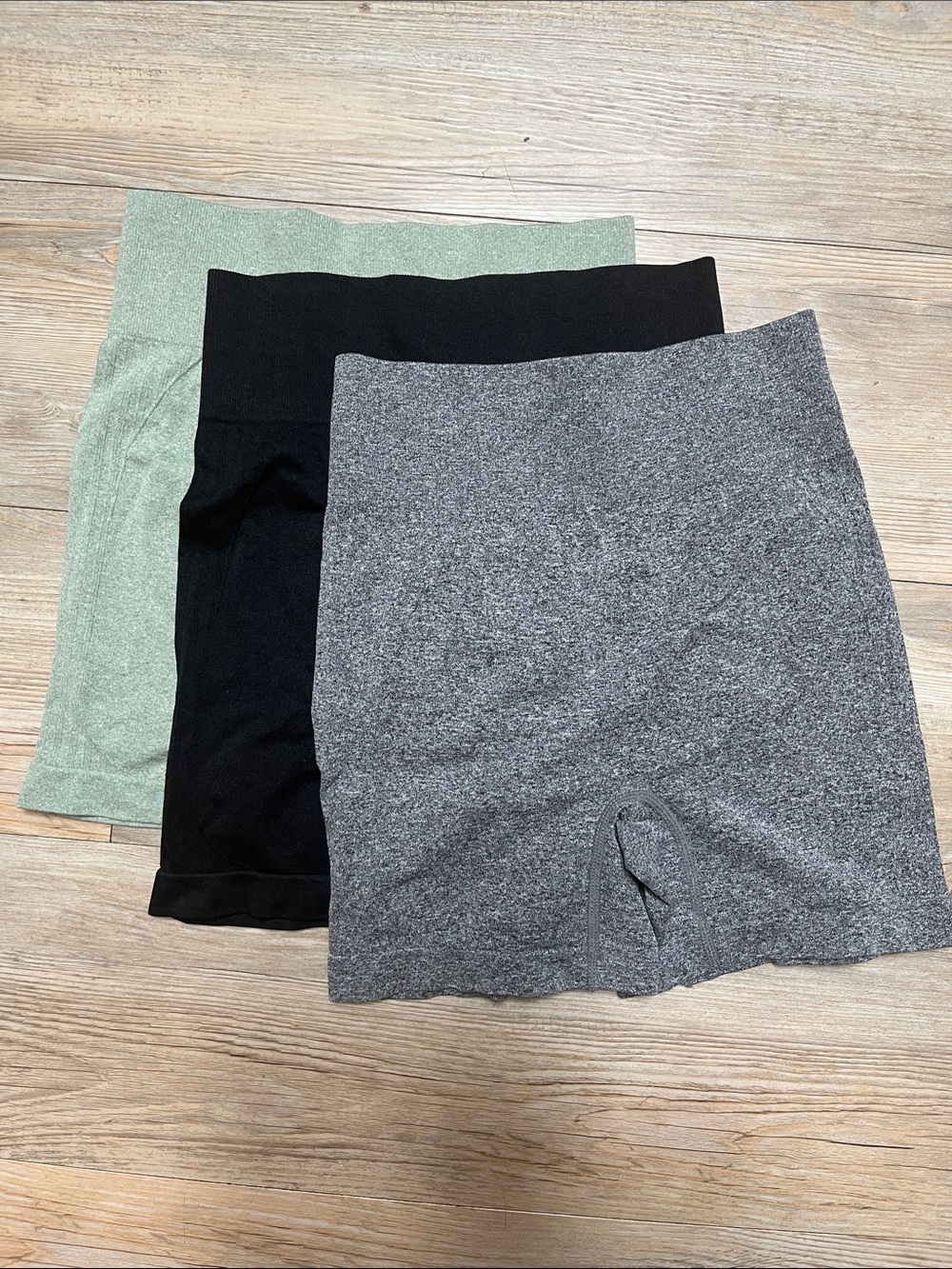 3 Pair Seamless High-Waisted  Scrunch Butt Bootie Shorts - Gray, Black, Sage.
